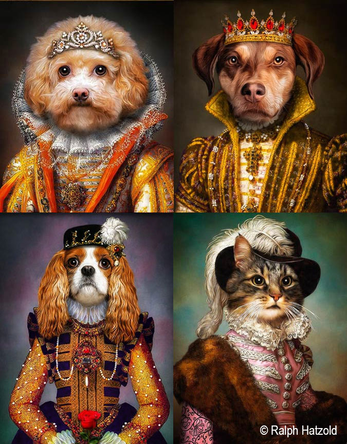 Beispiele für Hundeporträts in Kleidung: Pudel, Dackel, Jagdhund, König