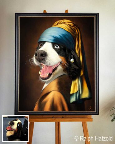 Berner Sennenhündin als „Mädchen mit dem Perlenohrring“ im Stil von Johannes Vermeer