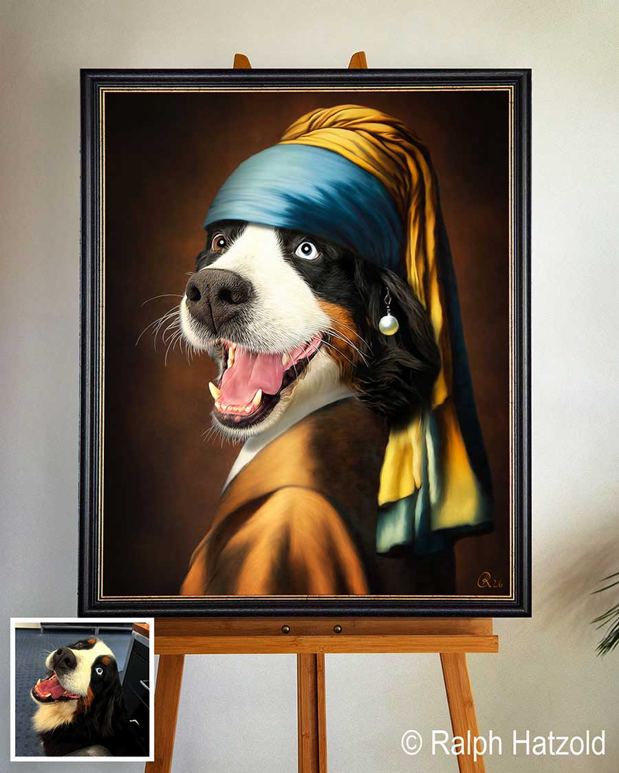 Berner Sennenhündin als „Mädchen mit dem Perlenohrring“ im Stil von Johannes Vermeer