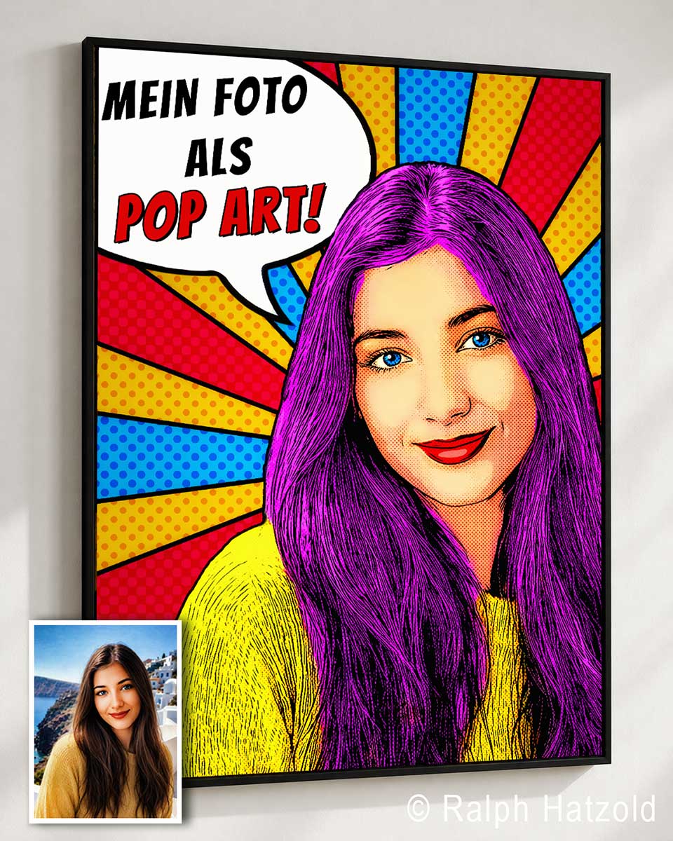 Vorher-Nachher Beispiel eines individuellen Pop Art Porträts nach eigener Fotovorlage