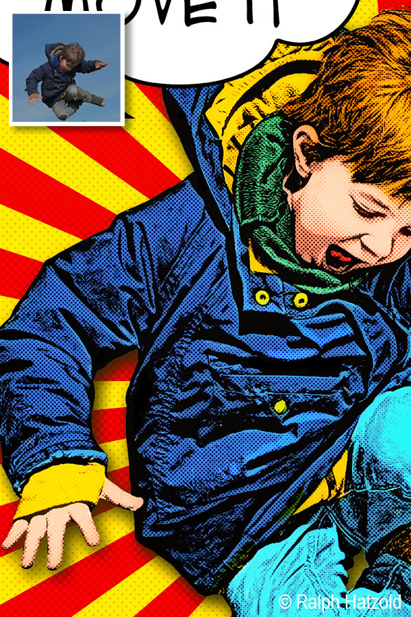 Detailansicht eines individuellen Pop Art Kinderportraits im Comic-Stil mit springendem Jungen und farbigem Sonnenstrahlen-Hintergrund