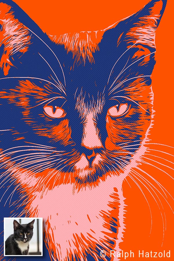 Detailansicht des Pop-Art-Portraits von Kater Nero im Andy-Warhol-Hannah-Stil mit kontrastreichen Farben und grafischen Fellstrukturen