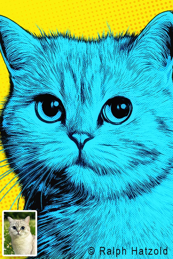 Detailansicht eines Pop-Art-Katzenportraits von Katze Bella im Andy-Warhol-Stil mit großen Augen und feinen Fellstrukturen