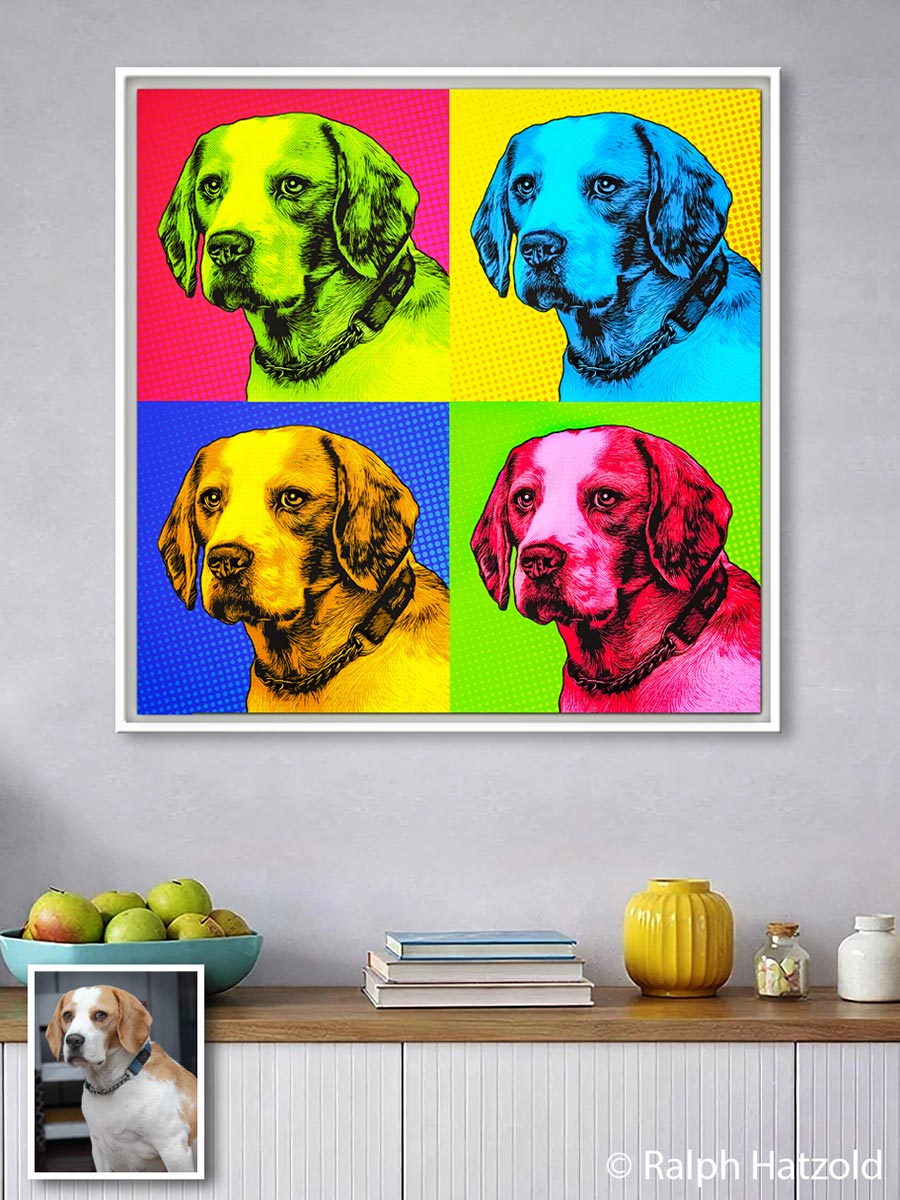 Individuelles Hunde Pop Art Portrait im Andy-Warhol-Stil nach eigener Fotovorlage mit Vorher-Nachher-Beispiel