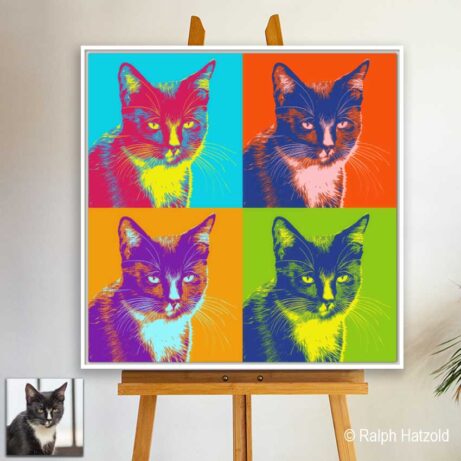 Pop-Art-Portrait von Kater Nero im Andy-Warhol-Hannah-Stil auf Leinwand nach persönlicher Fotovorlage