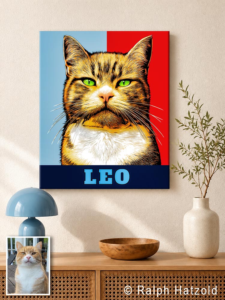 Pop Art Katzenportrait im Comic-Stil nach Fotovorlage einer Katze mit dem Namen Leo
