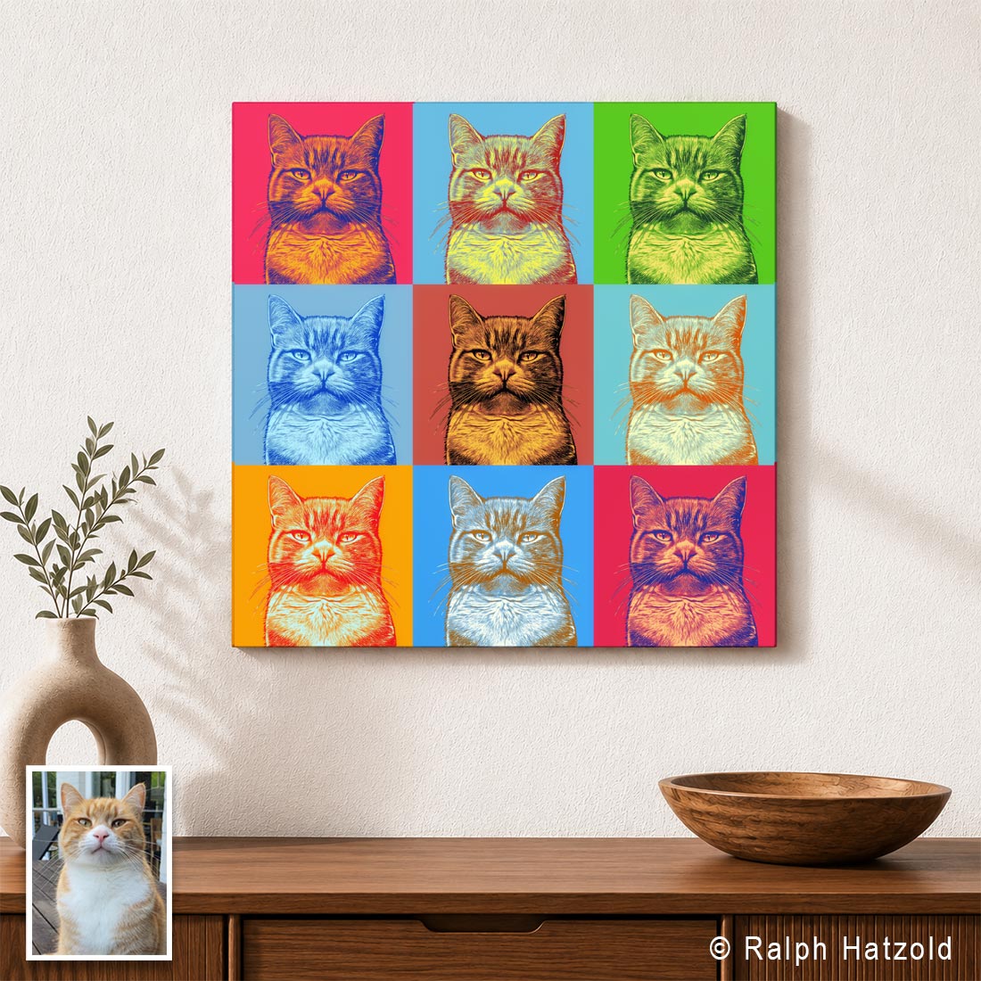 Katzenportrait Pop Art von Kater Leo im Andy-Warhol-Stil auf Leinwand – individuelles Katzenbild vom Foto