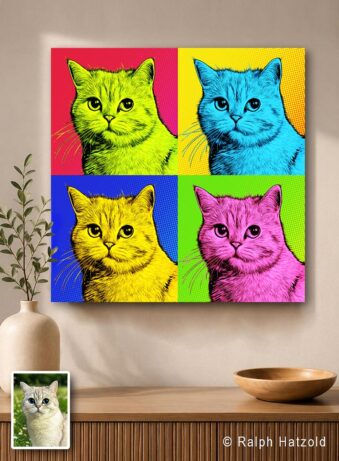 Katzenportrait Pop Art von Katze Bella im Andy-Warhol-Stil auf Leinwand – individuelles Katzenbild vom Foto