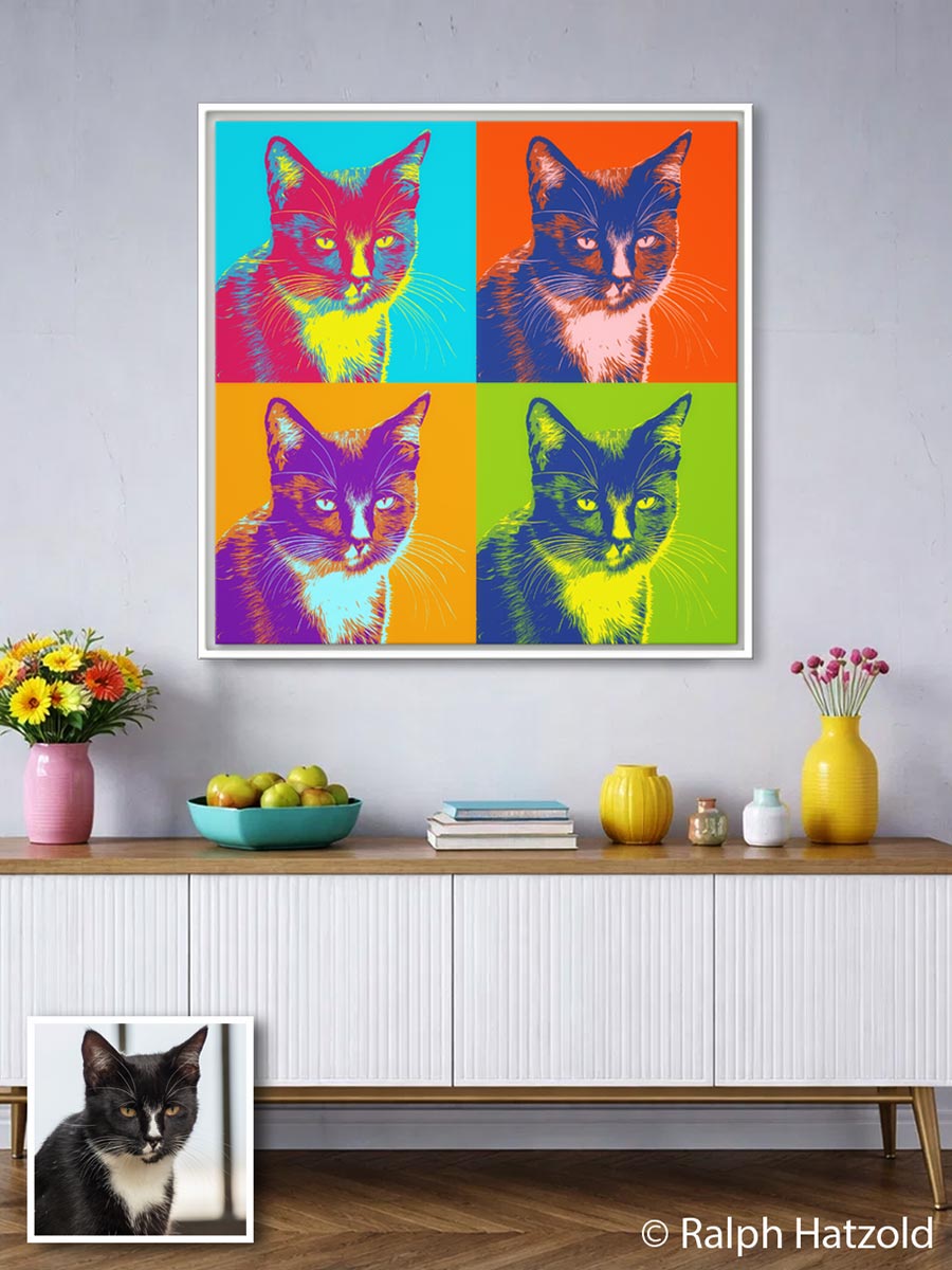Pop Art Katzenportrait einer schwarz-weißen Katze im Andy-Warhol-Stil nach eigener Fotovorlage