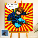 Individuelles Pop Art Kinderportrait eines springenden Jungen im Comic-Stil nach eigener Fotovorlage mit Sprechblase