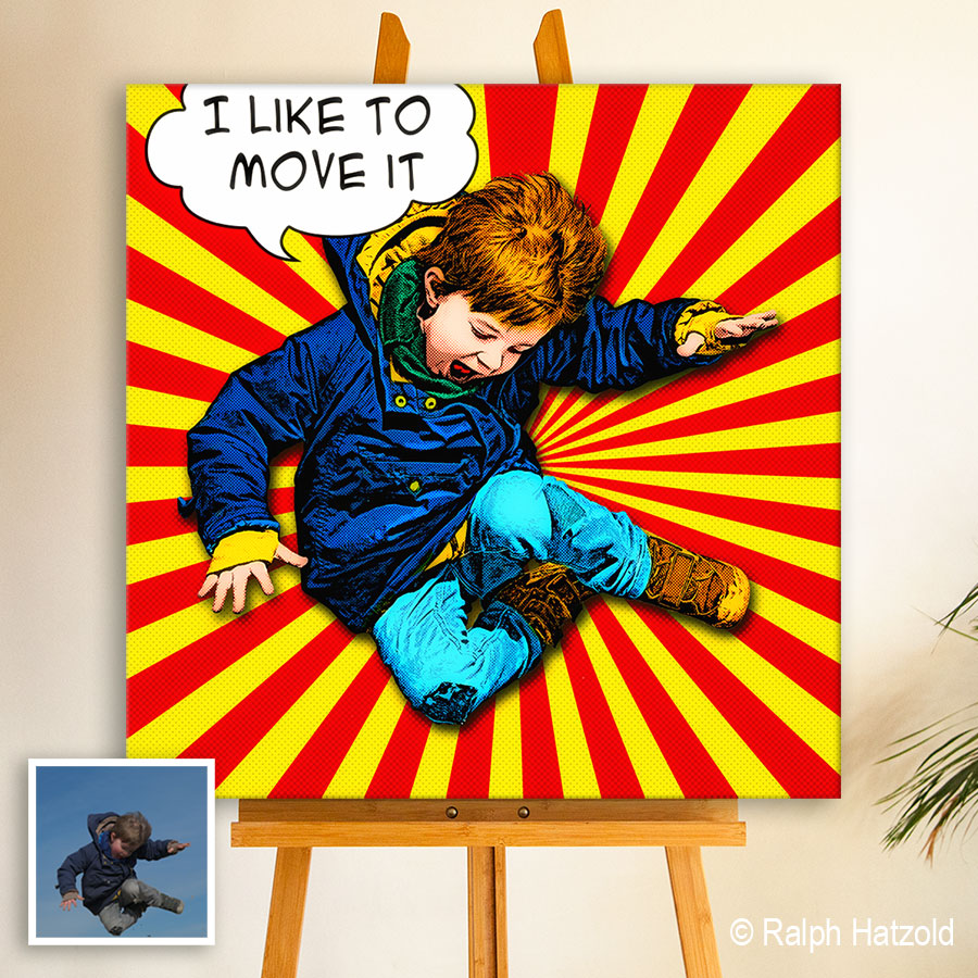Individuelles Pop Art Kinderportrait eines springenden Jungen im Comic-Stil nach eigener Fotovorlage mit Sprechblase