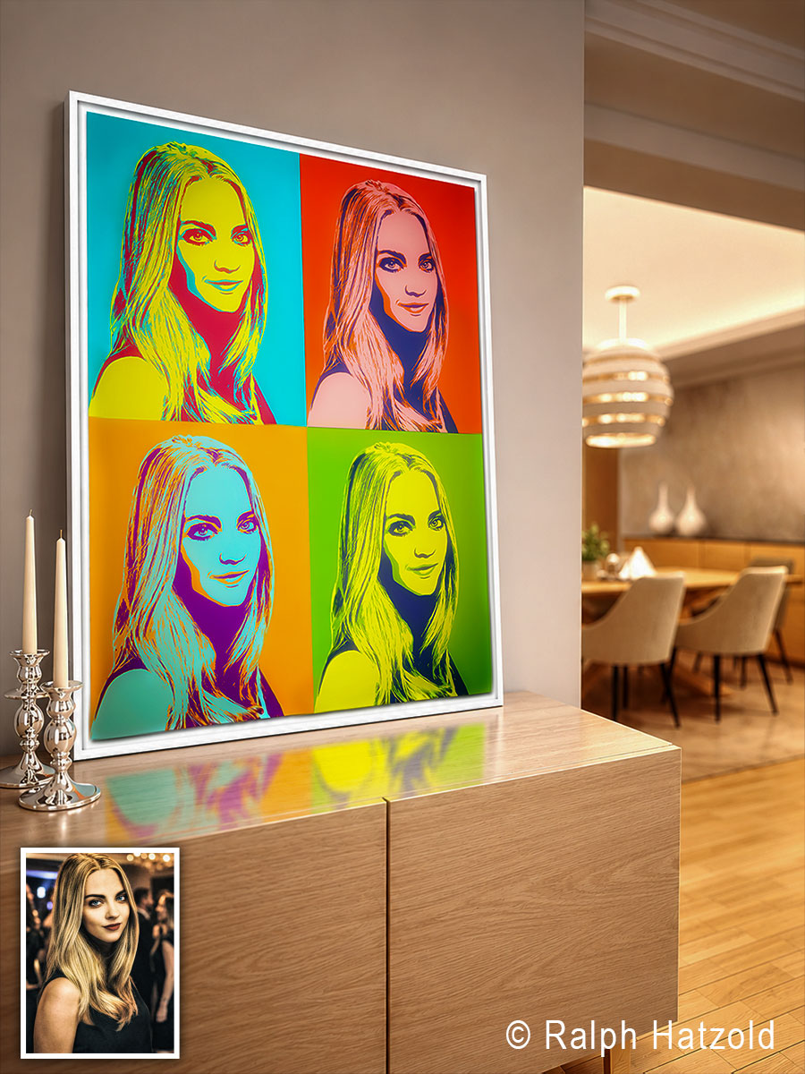 Individuelles Pop Art Portrait einer Frau im Andy-Warhol-Stil nach eigener Fotovorlage mit Vorher-Nachher-Beispiel