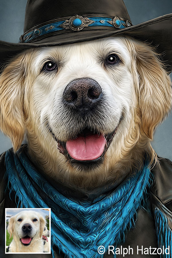 Detailansicht des individuellen Golden Retriever Cowgirl Portraits von Sira mit Cowboyhut