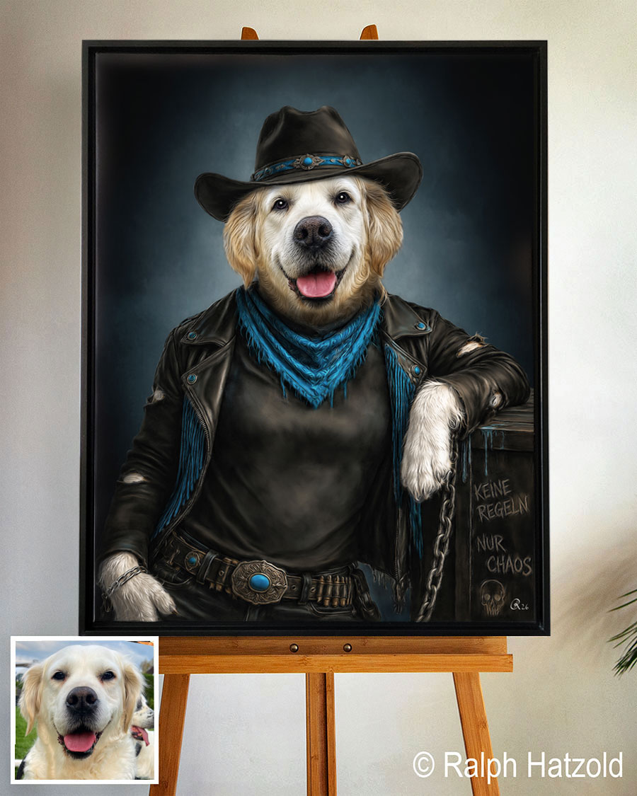 Sira als Cowgirl: Nach persönlicher Fotovorlage habe ich ihren freundlichen Ausdruck in ein individuelles Western-Portrait mit Cowboyhut und Lederjacke übertragen.