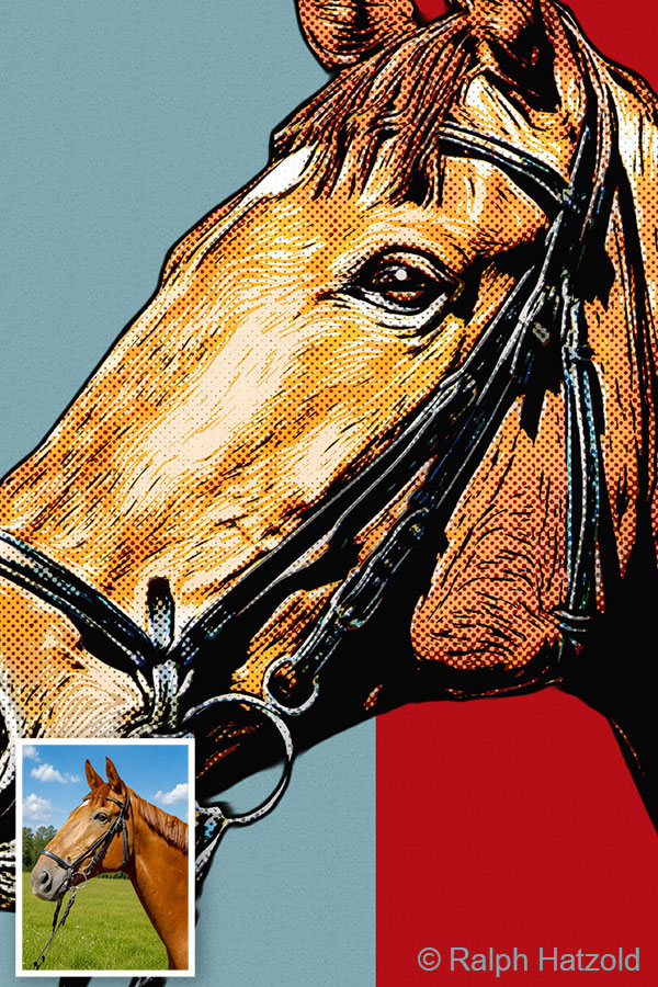 Detailansicht des Pferdes Aragon als Pop Art Portrait mit Comic-Raster und grafischer Linienzeichnung