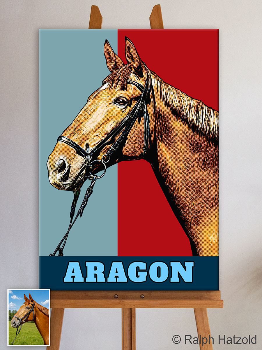Pferd Aragon als individuelles Pop Art Portrait im farbigen Comic-Stil nach Fotovorlage