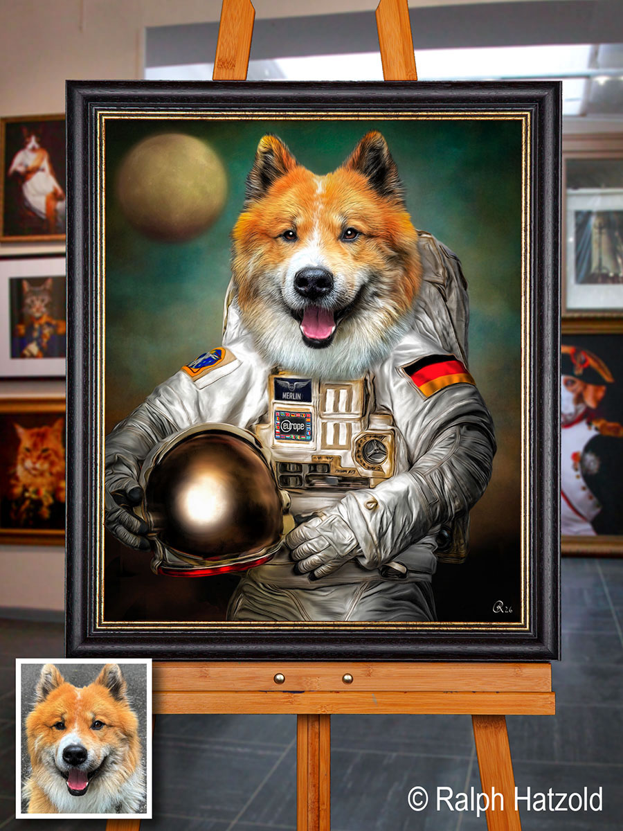 Hund Merlin als individuelles Astronauten-Hundeporträt im verzierten Holzrahmen