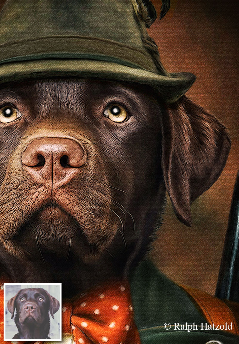 Makroaufnahme des Jägerporträts von Labrador Hunter mit sichtbarer Leinwandstruktur und feinen Felldetails