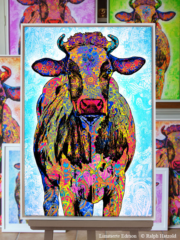 Blaue Pop Art Kuh Emma – Künstleredition auf Leinwand