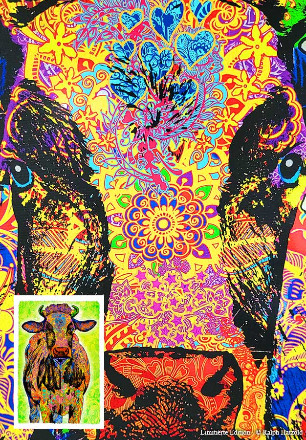 Detail der Pop Art Kuh Emma – Ornamente und Leinwandstruktur