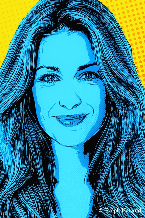 Detailansicht eines Pop Art Einzelportraits mit feinen Linien, Rasterpunkten und kräftigen Farbflächen