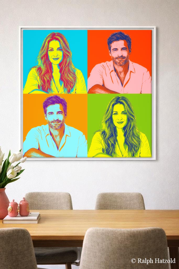 Pop Art Paar-Porträt im Vierer-Raster als 80 × 80 cm Leinwandbild im Wohnraum