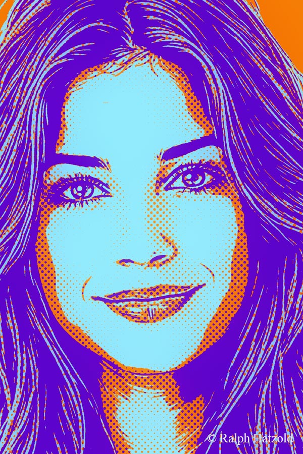 Detailansicht eines Pop Art Portraits für 3 Personen mit feinen Linien, Rasterpunkten und kräftigen Farbebenen