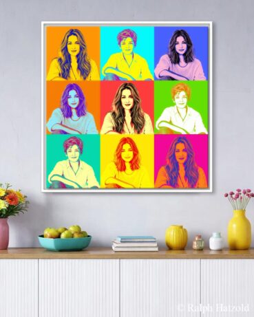 Pop Art Portrait für 3 Personen als 3x3-Komposition im Wohnraum